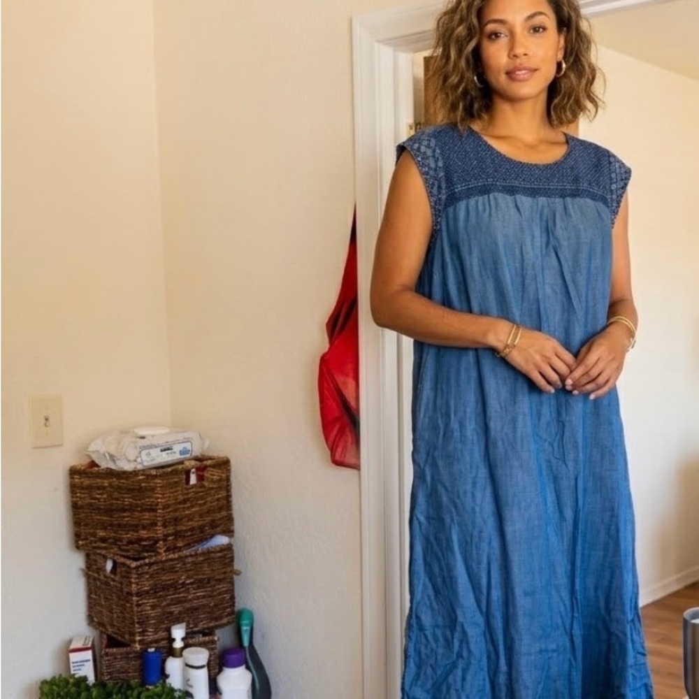 J. Jill Denim Tencel Embroidered Midi Dress Plus Size 2X Boho Soft